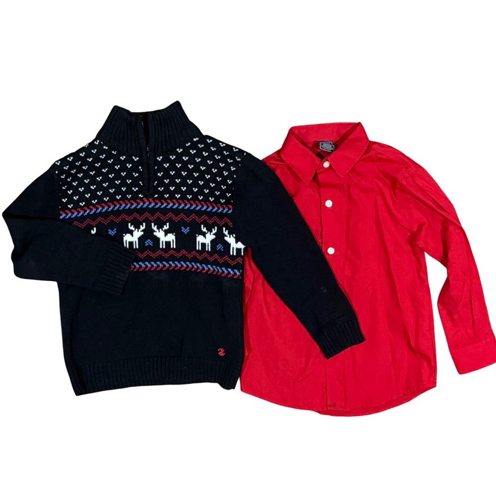Kids‎ IZOD Fair Isle Reindeer 1/4 Zip Sweater & Red Collared Shirt Set